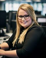 a woman wearing glasses sitting at a desk in an office generative ai photo