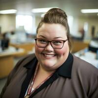 a woman wearing glasses smiles for the camera in an office generative ai photo