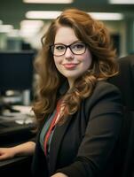 a woman wearing glasses sitting at a desk generative ai photo