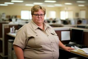 a woman wearing glasses standing in an office generative ai photo