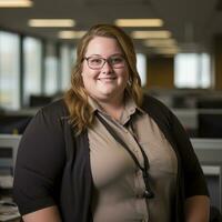 a woman wearing glasses standing in an office generative ai photo