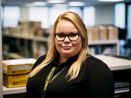 a woman wearing glasses standing in front of a desk generative ai photo