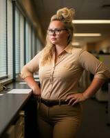 a woman wearing glasses standing in front of a desk generative ai photo
