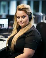 a woman wearing headphones in an office setting generative ai photo