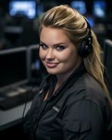 a woman wearing headphones in a control room generative ai photo