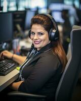 a woman wearing headphones sitting at a desk generative ai photo
