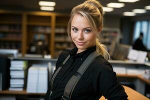 a woman wearing suspenders standing in front of a bookshelf generative ai photo