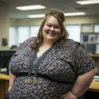 un mujer con un grande barriga sonrisas a el cámara generativo ai foto