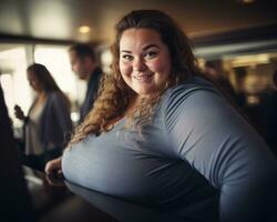 un mujer con un grande barriga sonrisas a el cámara generativo ai foto