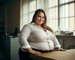 a woman with a big belly standing at a desk generative ai photo