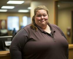 a woman with a big belly standing in front of a desk generative ai photo