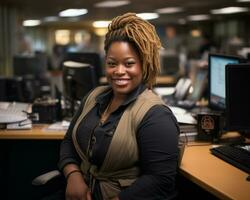 a woman with dreadlocks sitting at a desk in an office generative ai photo