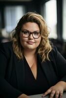 a woman with glasses and a black blazer sitting at a table generative ai photo