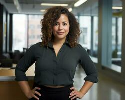 a woman with curly hair standing in an office generative ai photo