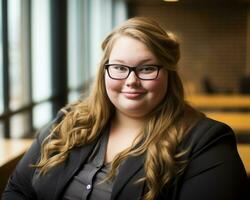 a woman with glasses and a black blazer sitting in front of a window generative ai photo