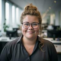 a woman with glasses and a black shirt in an office generative ai photo