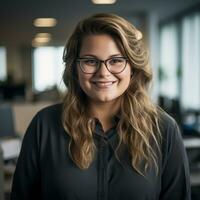 a woman with glasses and a black shirt in an office generative ai photo