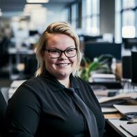 a woman with glasses and a black shirt sitting at a desk generative ai photo