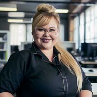 a woman with glasses and a black shirt standing in an office generative ai photo