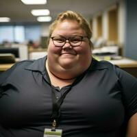 a woman with glasses and a black shirt sitting in an office generative ai photo