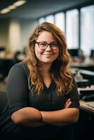 a woman with glasses and a black shirt standing in an office generative ai photo