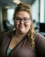 a woman with glasses and a brown shirt posing for the camera generative ai photo