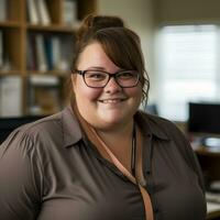 a woman with glasses and a brown shirt smiles for the camera generative ai photo