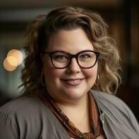 a woman with glasses and a brown shirt smiling generative ai photo