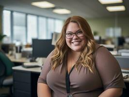 a woman with glasses and a brown shirt sitting in an office generative ai photo