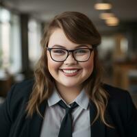 a woman with glasses and a tie smiles for the camera generative ai photo