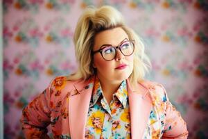 a woman with glasses and a pink jacket standing in front of a floral patterned wall generative ai photo