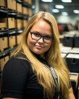 a woman with glasses in a warehouse generative ai photo