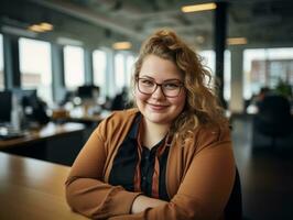 a woman with glasses sitting at a desk in an office generative ai photo