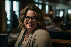 a woman with glasses sitting at a desk in an office generative ai photo