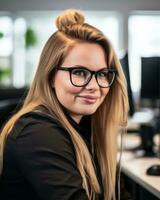 a woman with glasses sitting at a desk in front of a computer generative ai photo