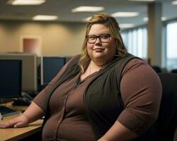 a woman with glasses sitting at a desk in an office generative ai photo