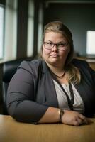 a woman with glasses sitting at a desk generative ai photo