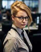 a woman with glasses sitting in an office generative ai photo