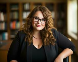 a woman with glasses sitting in front of a bookshelf generative ai photo