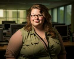 a woman with glasses standing in an office generative ai photo
