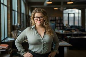 a woman with glasses standing in an office generative ai photo
