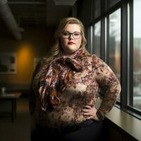 a woman with glasses standing in front of a window generative ai photo