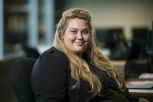 a woman with long blonde hair sitting at a desk generative ai photo