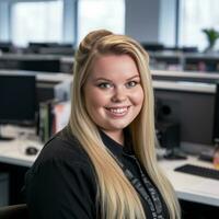 a woman with long blonde hair sitting in an office generative ai photo