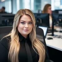 a woman with long blonde hair sitting in an office generative ai photo