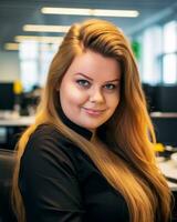 a woman with long blonde hair sitting in an office generative ai photo