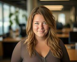 a woman with long brown hair standing in an office generative ai photo