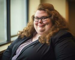 a woman with long red hair and glasses sitting in front of a window generative ai photo