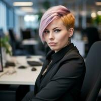 a woman with pink hair sitting in front of a computer generative ai photo