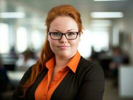 a woman with red hair and glasses standing in an office generative ai photo